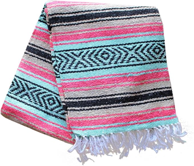 Del Mex Classic Mexican Blanket, Large Authentic Woven Falsa Throw (70"x50"), Artisan Southwest Décor for Beach, Yoga, Outdoors (Mint/Tan/Pink)-Ruum Studio Home