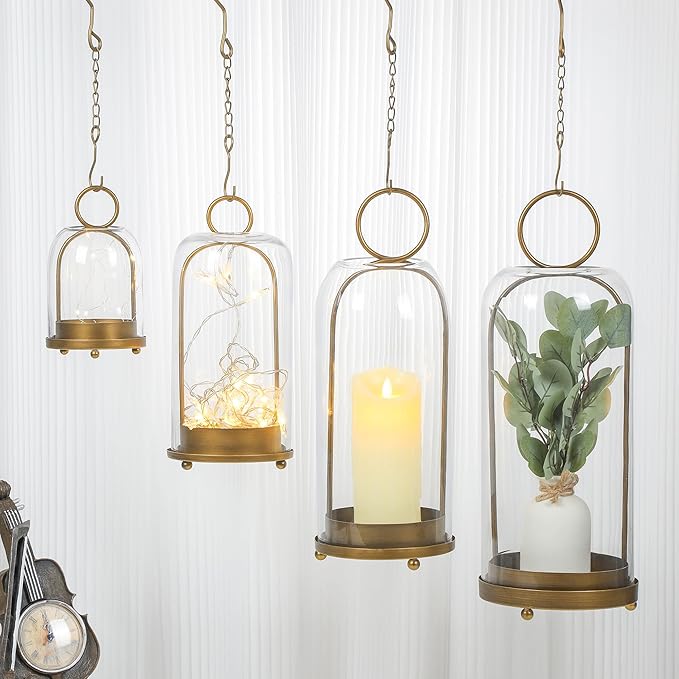 16" High Versatile Modern Metal Hurricane Lantern with Handmade Sturdy Glass Dome for Pillar Candle & Plants (Brass, 6.3"x16.5")-Ruum Studio Home