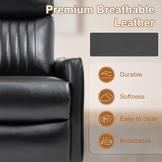 Manual Swivel Rocker Recliner Chair for Adults, Overstuffed Reclining Glider Chair for Nursing with Vibration Massage & Heat, Living Room Rocking Recliner 2-Stage backrest, Faux Leather Black-Ruum Studio Home