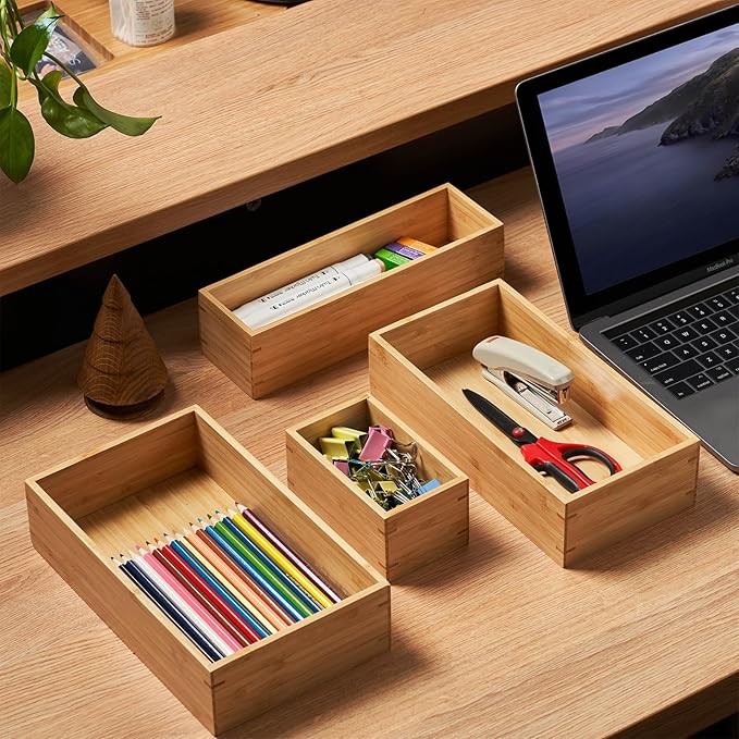 Umilife Bamboo Kitchen Drawer Organizer, Extra High Silverware Tray, Flatware Cutlery Storage Box, Multi-Use Holder in Office, Bathroom, Pantry - 9"x3"x2.5" (Set of 2)-Ruum Studio Home
