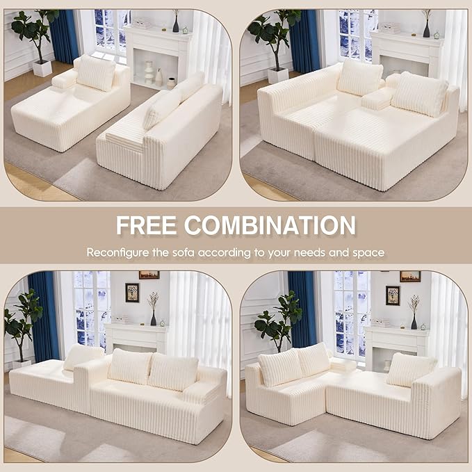 Hobestluk Modular Sectional Sofa Couches 108" L-Shape Couch 3 Seat Modular Sofa Memory Foam Sectional Couches for Living Room, Boneless Couch with Oversized Chaise (White, Left Facing)-Ruum Studio Home