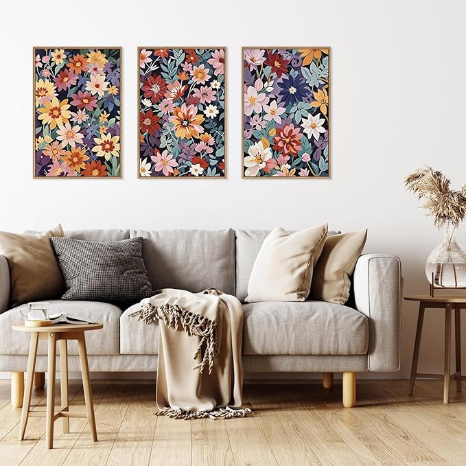 HLNIUC Boho Floral Framed Canvas Wall Art,Colorful Wildflower Landscape Wall Decor Set of 3(16”x24”)Rustic Bohemian Style Flower Art Print,Modern Botanical Floral Wall Painting for Living Room Bedroom-Ruum Studio Home