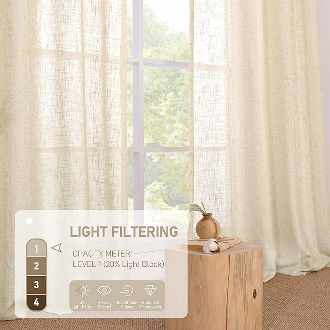LAMIT Beige Linen Curtains 63 inches Length for Bedroom, Soft Thick Semi Sheer Light Filtering Bronze Grommet Window Treatments Decorative Drapes for Kitchen, 2 Panels Set, 34 x 63 Inch-Ruum Studio Home