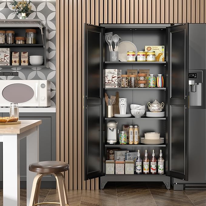 Kitchen Pantry Cabinet,75”Black Metal Storage Cabinets with Doors and 4 Adjustable Shelves,Kitchen Cabinet with 2 Gold Handles,Tall Cabinet for Livingroom, Bathroom-Ruum Studio Home