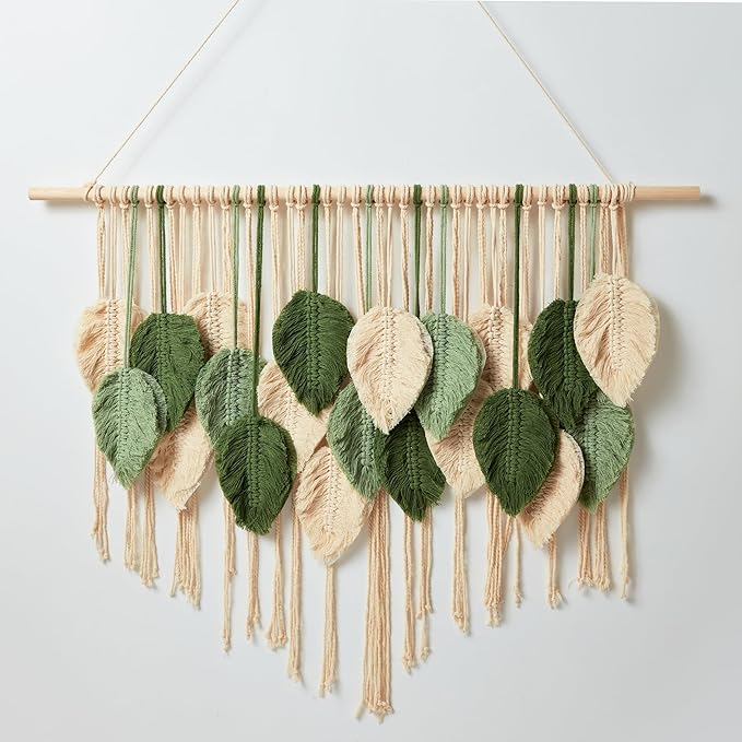 Macrame Wall Hanging Boho Wall Tapestry Handmade Woven Leaf Wall Decor Crochet Wall Art for Home Office Apartment (Green, 51.2" W x 34.3" L)-Ruum Studio Home