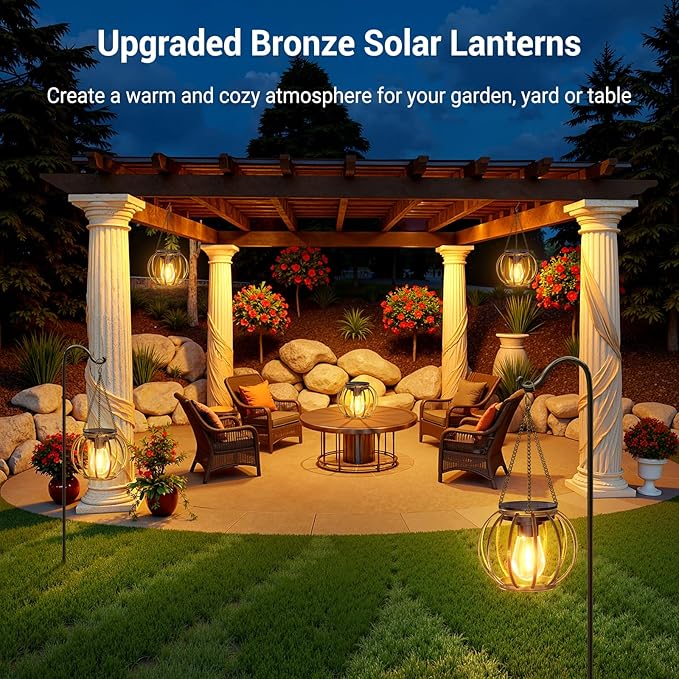 KOOPER Solar Lanterns Outdoor Waterproof, 4 Pack Upgraded Bronze Metal Hanging Solar Lights Outdoor Lanterns, Brighter Auto On/Off Outdoor Hanging Lantern for Yard Patio Pathway Porch Garden Decor-Ruum Studio Home