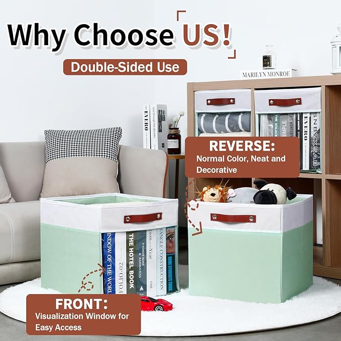 HNZIGE 13x15x13 Cube Storage Bins, 4 Pack Fabric Clear Organizer With Window, Large Collapsible Shelf Bins for Closet, Toy, Clothes - White Green-Ruum Studio Home