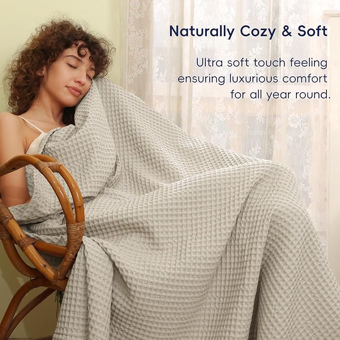 PHF Ultra Soft Waffle Weave Throw Blanket 50"x 60"- Washed Lightweight Breathable Cozy Woven Blanket for Bed - Aesthetic Decor for Couch Bedding Sofa Home Car - Light Khaki/Linen-Ruum Studio Home