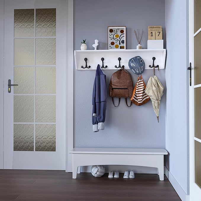 SKOLOO Wall Shelf with Hooks, 35-Inch White Coat Rack Wall Mount with Shelf Organizer - Lightweight & Sturdy, 5 Tri Hooks - Perfect for Entryway, Hallway, Living Room, Bedroom, Mudroom-Ruum Studio Home