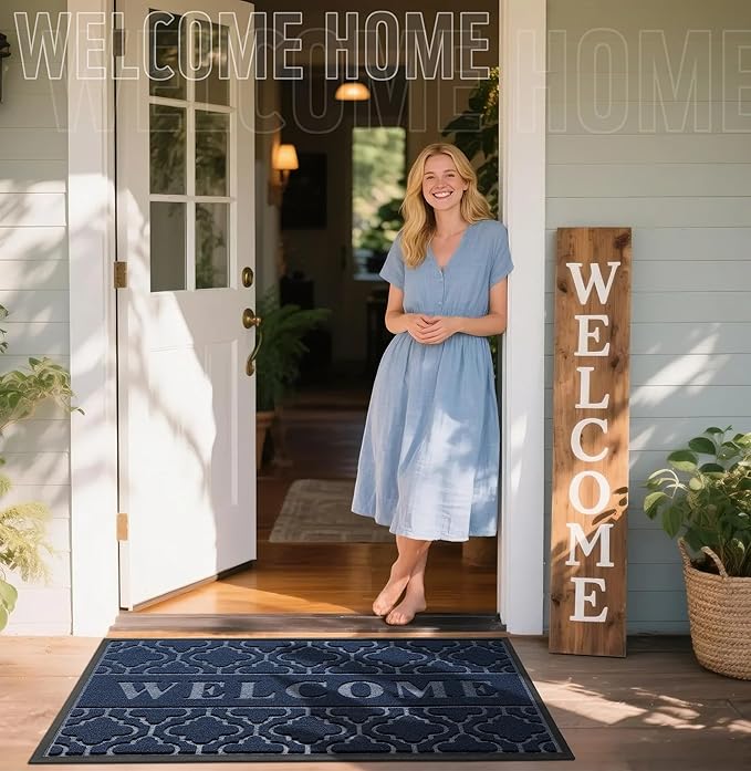 Yimobra Welcome Mat Outdoor Indoor, All-Season Waterproof Front Door Mat Outside Entrance, All-Weather Heavy Duty Non-Slip Doormat, Low Profile Porch Patio Entrance Mats, 47x32, Blue-Ruum Studio Home