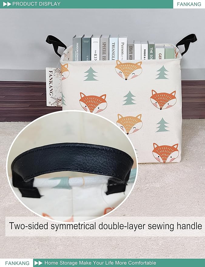 FANKANG Square Nursery Hamper Storage Bins Canvas Laundry Basket Foldable with Waterproof PE Coating Storage Baskets Gift Baskets for Children, Office, Bedroom, Clothes（Square-Fox）-Ruum Studio Home
