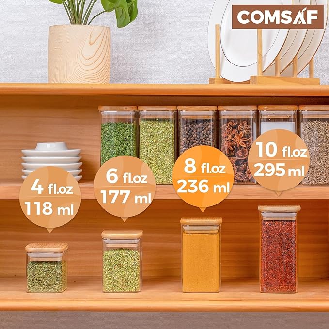ComSaf Spice Jars with Labels 8 oz 16Pack, Small Spice Containers Starter Set, Glass Seasoning Jars with Lids, Square Seasoning Containers for Salt, Pepper, Chili Powder, Sugar, Loose Tea Storage-Ruum Studio Home