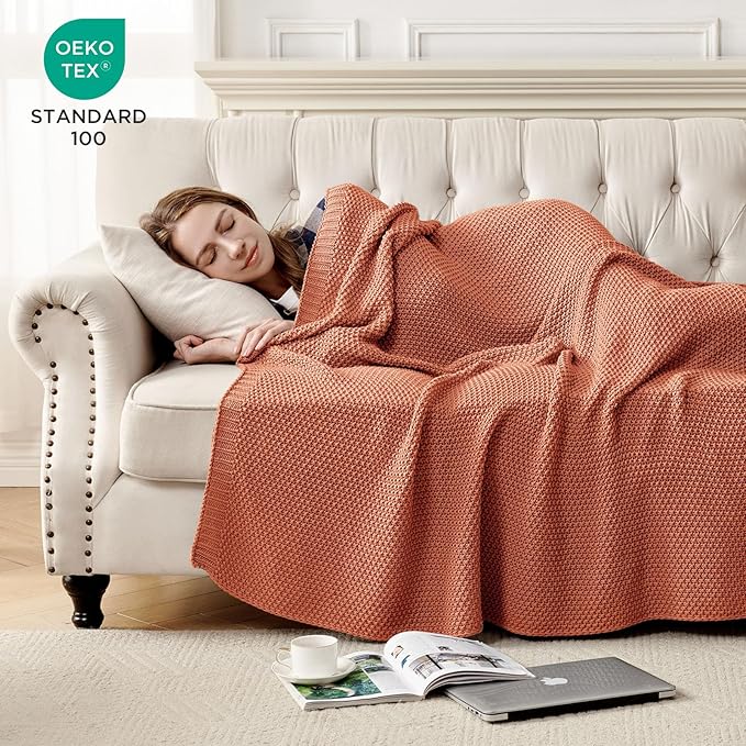 Joydeco Chunky Cable Knit Throw Blanket, Lightweight 100% Cotton Soft Cozy Throw Twin Blanket for Couch Bed and Sofa, Rustic Breathable Farmhouse Blanket Gift for Women Men(Burnt Orange, 60"x80")-Ruum Studio Home
