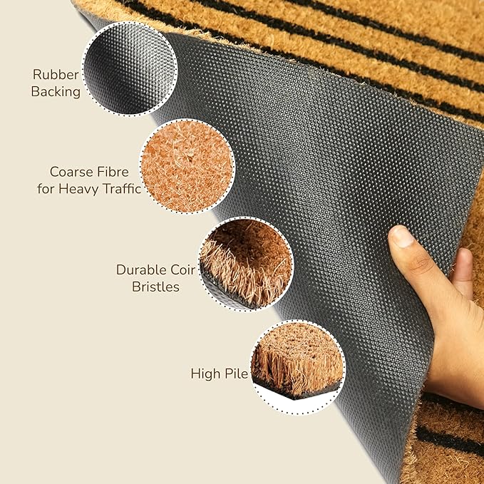 Welcome Doormats, Natural Coco Coir Mats with Non-Slip PVC Backing, Indoor Outdoor Mats for Home & Office, Floor Mats for Door Decor, Plain Entry Mat with Stripes, Beige & Black, 30"x17"-Ruum Studio Home