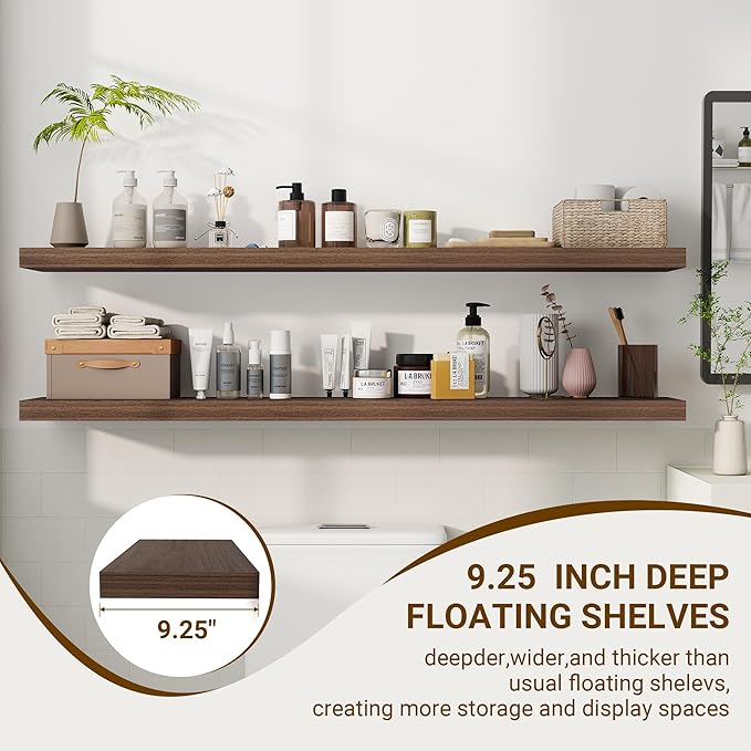 55 Inch Floating Shelves, 55"x9.25"x1.5" Inch Deep Floating Shelves for Wall, Wooden Shelves for Bathroom, Bedroom, Living Room, Walnut-Ruum Studio Home