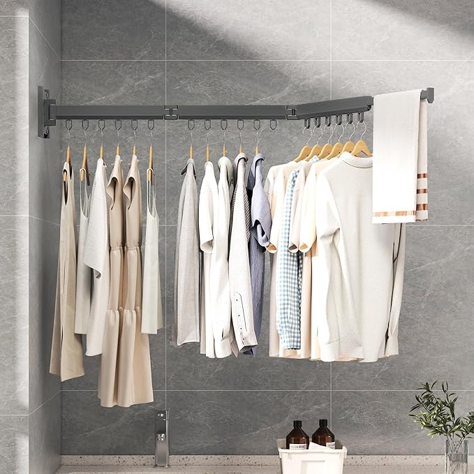 Grey Color Laundry Rack - Wall Mounted, Collapsible Clothes Drying Rack With Loop-type Hooks-Ruum Studio Home