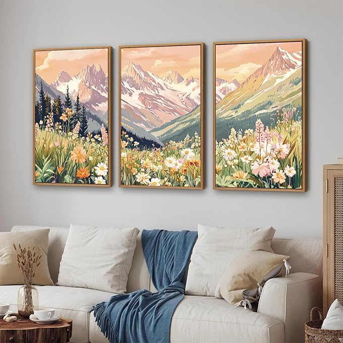 SIGNINART Vintage Floral Framed Canvas Wall Art Set, Large Mountains Nature Landscape Wall Decor, Bohemian Wildflower Forest Artwork, Pink Ridge Art Printing for Living Room Bedroom Office 16"x24"x3-Ruum Studio Home