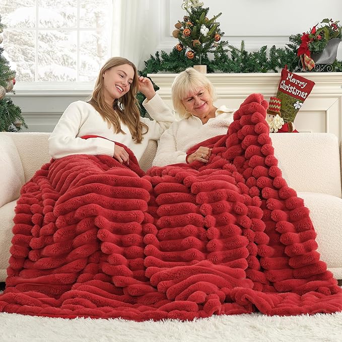 Cozy Bliss Faux Fur Throw Blanket for Couch, Cozy Warm Plush Striped Blanket for Sofa Bedroom Living Room,60 * 80 Inches Cardinal Red-Ruum Studio Home