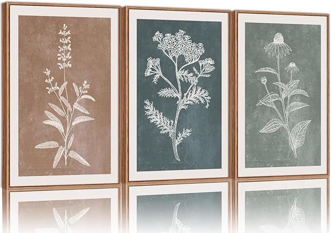 SIGNINART Neutral Botanical Framed Canvas Wall Art Set, Vintage Floral Wall Decor, Boho Minimalist Plant Wall Painting, Art Print for Farmhouse Living Room, Bedroom, Office, Bathroom 16"x24"x3-Ruum Studio Home