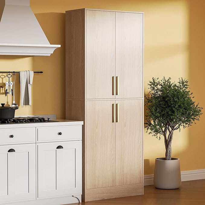 71" Tall Pantry Cabinet with 4 Doors, Kitchen Pantry Storage Cabinet, Freestanding Larder Cupboard, Utility Kitchen Hutch with Gold Handles for Dining Room, Bathroom, Oak-Ruum Studio Home