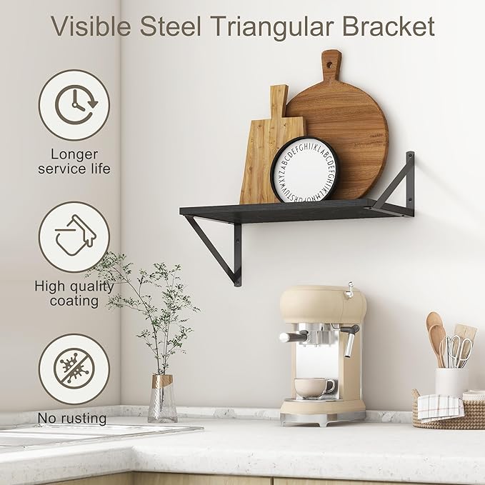 Fun Memories Black Floating Shelves 18 Inch Long, Rustic Floating Shelf with Brackets, 10 Inch Deep Wall Shelves, Black Bathroom Shelves, 18 x 10 Storage Shelf for Kitchen, Living Room, Set of 2-Ruum Studio Home