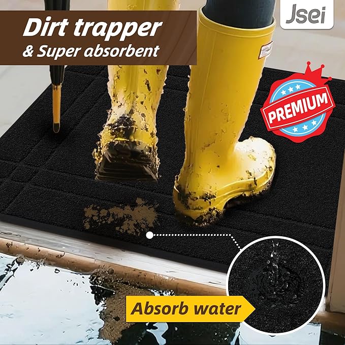 JSEI Entryway Rugs Doormat 20"x32", Non-Slip Dirt Trapper Door Mats Indoor, Washable Absorbent and Stain Resist Welcome Floor Mat for Front Door, Dog Door Mat, Muddy Wet Shoes & Paws, Black-Ruum Studio Home