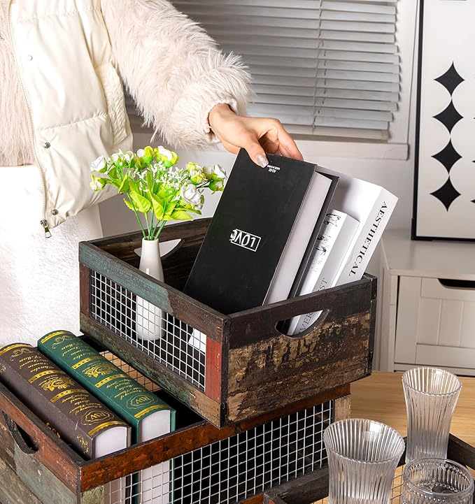 TIMRIS Set of 3 Rustic Wood Nesting Crates, Farmhouse Distressed Wooden Storage Boxes, Decorative Reclaimed Wood Organizer Baskets with Wire Mesh (Random)-Ruum Studio Home