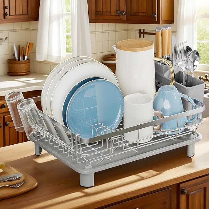 MOUKABAL Dish Drying Rack - Stainless Steel Dish Rack, Dish Racks for Kitchen Counter, Drying Rack Kitchen with Removable Utensil Holder, Drainboard and Glass Organizer (Grey)-Ruum Studio Home