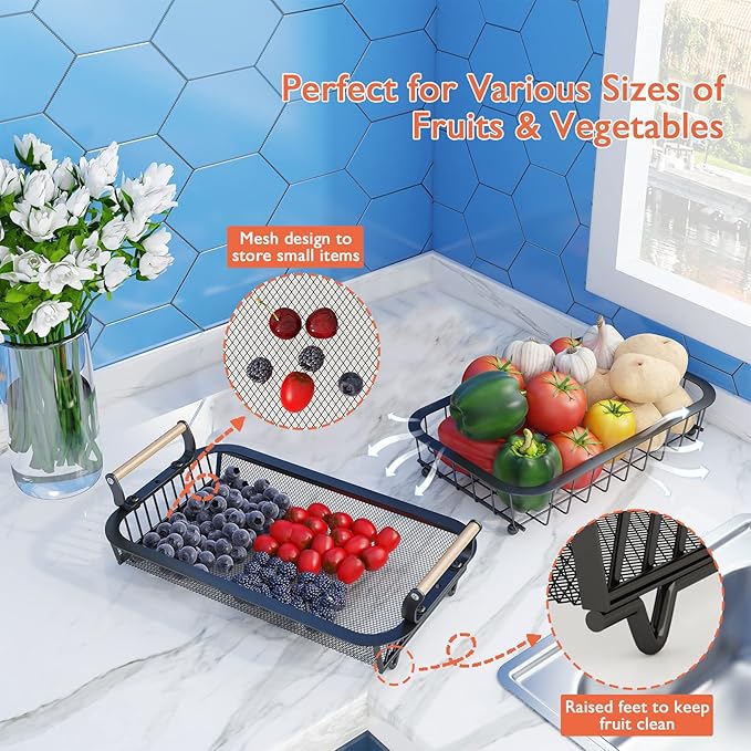 ANTOPY 2 Tier Fruit Basket with 2 Banana Hangers, Countertop Fruit Vegetable Basket Bowl for Kitchen Counter Metal Mesh Basket Fruits Stand Produce Holder Organizer for Onion Potato Bread Snack Veggie-Ruum Studio Home