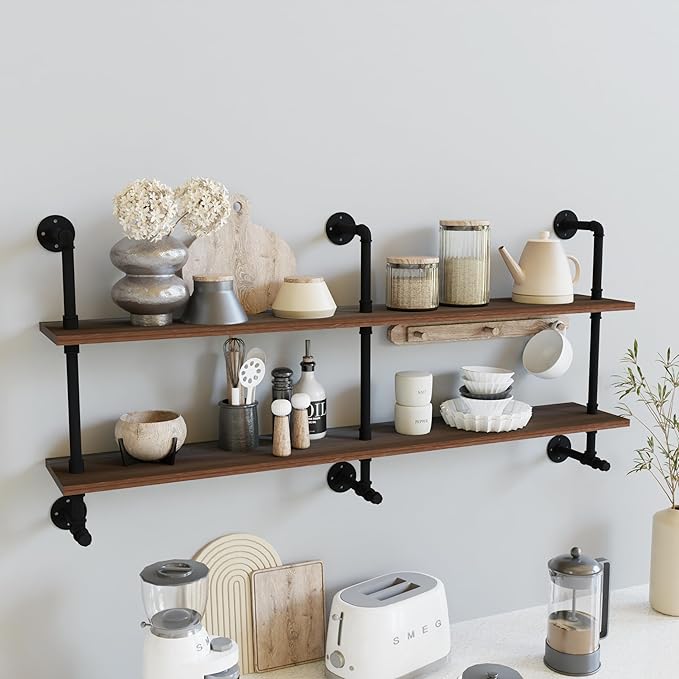 Industrial Pipe Wall Shelves Pipe Shelving with Real Wood Plank ,60 Inches Floating Shelves for Wall Farmhouse Pipe Book Shelves Dark Brown 2 Tier for Kitchen,Living Room Decor and Bar Shelving-Ruum Studio Home