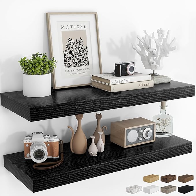 RICHFOCUS 36Inch Floating Shelves for Wall 2 Pack Shelves for Bedroom|Kitchen|Bathroom Wall Mounted Rustic Wood Floating Shelf with Invisible Brackets for Books|Storage|Decor, Black-Ruum Studio Home