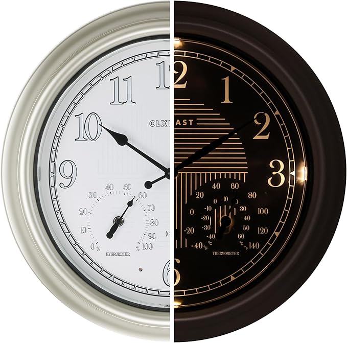 CLXEAST 18 Inch Illuminated Outdoor Indoor Atomic Analog Wall Clock with Temperature & Humidity Combo, Lighted Outdoor Clocks for Patio Large Waterproof with Thermometer, Modern Morning Silver/Gold-Ruum Studio Home