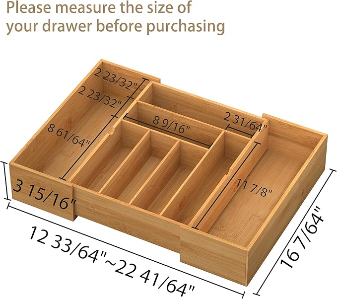 BAMEOS 3.9inch Tall Bamboo Drawer Organizer, Expandable Utensil Holder with 8 Compartments, Adjustable Kitchen Drawer Divider for Flatware, Silverware and Gadgets, Deep Storage for Home and Office-Ruum Studio Home