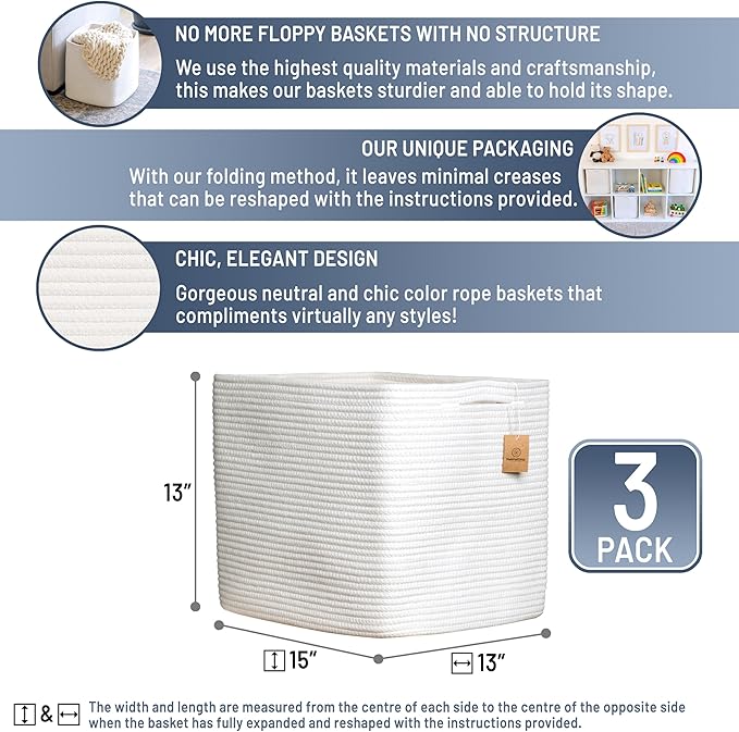 NaturalCozy 13x15x13 Kallax Storage Cubes, 3 Pack | Cotton Rope Cube Storage Bins Woven Baskets for Organizing | Kallax Insert Baskets for Shelves Organizer, Kids Toy, Pantry, Closet, Baby Nursery-Ruum Studio Home