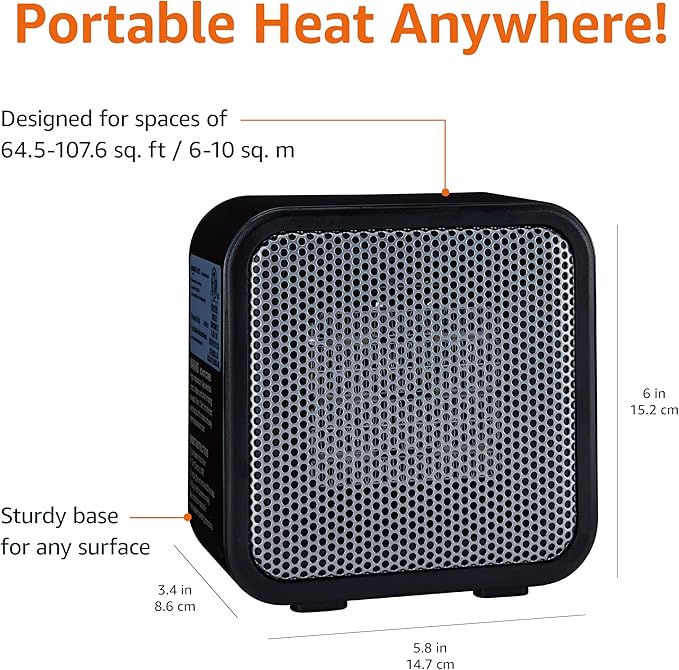 Amazon Basics Ceramic Space Heater, Mini Heater for Office Desk, Portable Tent Heater for Camping (Indoor Use), 500 W, With Tip-Over Protection, Lightweight (1.4 LBS), Black, 5.87”D x 3.15”W x 5.95”H-Ruum Studio Home