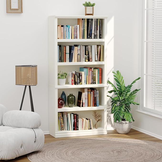 70-Inch Tall White Bookcase, 5 Tiers Shelves Open Storage Bookshelf, 33 in Wide Anti Tipping Indoor Furniture, Book Cases for Home Library Office Bedroom School-Ruum Studio Home