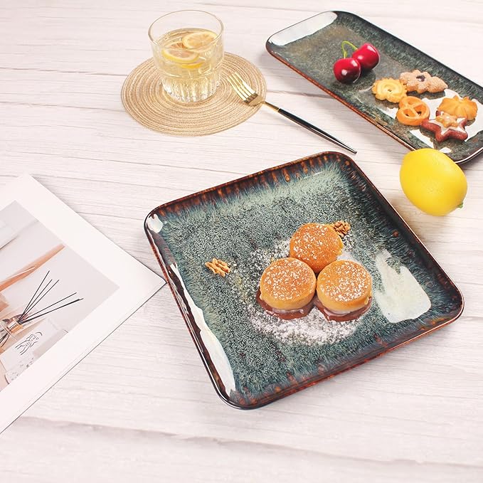 Ceramic Dinner Plates Dish Set, Set of 4, Microwave Oven and Dishwasher Safe, Scratch Resistant, Dinnerware Kitchen Porcelain Serving Dishes 9 inch Square plate-Ruum Studio Home