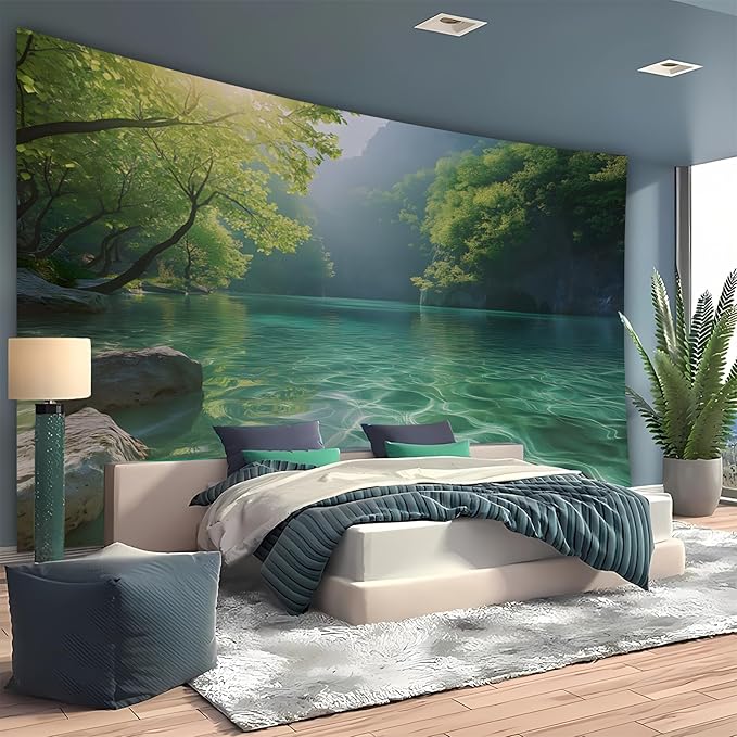 BSFHH Nature Tapestry Forest Tree Sea Cave Wall Hanging, Stream Through Rainforest Landscape Wall Art Tapestry for Bedroom Living room (Lake View, 110" × 87", Unframed)-Ruum Studio Home