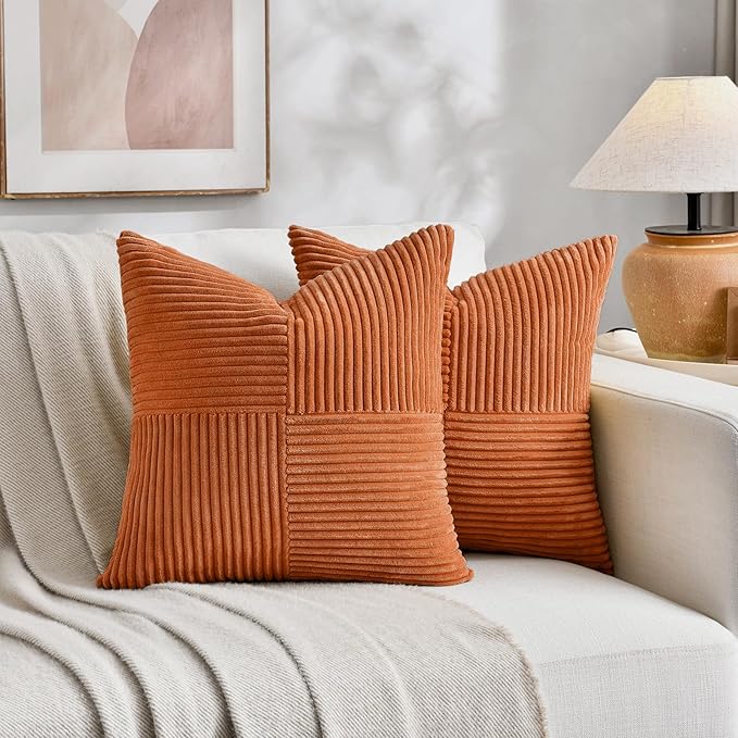 Fancy Homi 2 Packs Orange Fall Decorative Throw Pillow Covers 16x16 Inch for Living Room Couch Bed Sofa, Farmhouse Boho Home Decor, Soft Corss Patchwork Corduroy Textured Square Cushion Case 40x40 cm-Ruum Studio Home