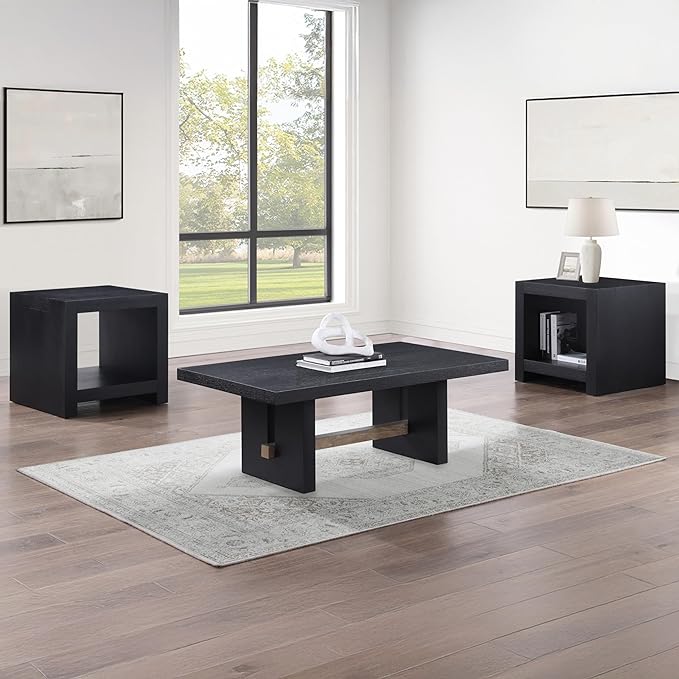 Steve Silver Furniture Aubrey Black End Table, Living Room/Bedroom, Contemporary/Modern Design, Bottom Storage Shelf, Chair Side/Media Table, 24'L x 24" W x 24" H, Black-Ruum Studio Home