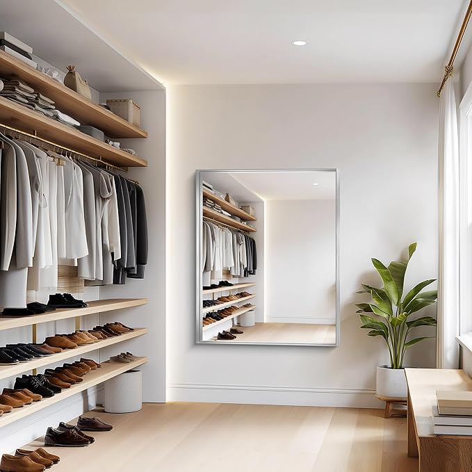 Silver Bathroom Mirror, 40x48 Inch Rectangular Framed Mirror, Large Wall Mounted Bathroom Vanity Mirror Over Sink for Bedroom,Restroom, Living Room, Hangs Vertically or Horizontally-Ruum Studio Home