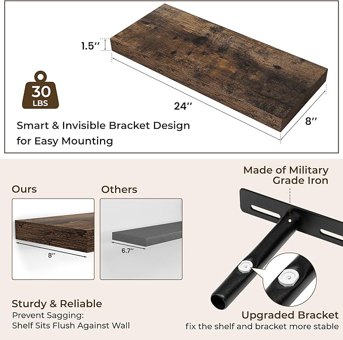 RICHFOCUS 24Inch Floating Shelves for Wall 2 Pack Shelves for Bedroom|Kitchen|Bathroom Wall Mounted Rustic Wood Floating Shelf with Invisible Brackets for Books|Storage|Decor, Rustic Brown-Ruum Studio Home