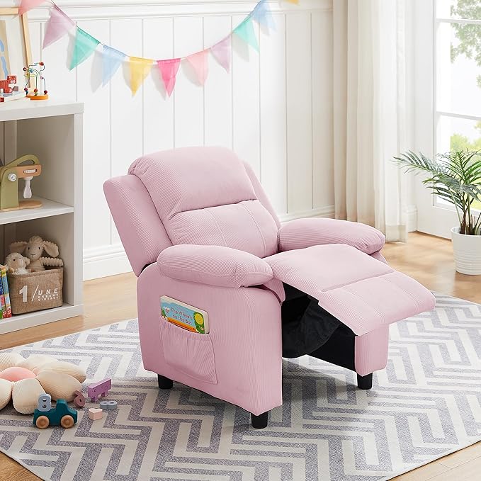 Ulax furniture Corduroy Kids Recliner Chair, Toddler Armrest Sofa Couch, Ergonomic Adjustable Lounge Sofa with Footrest, Padded Backrest, Storage Arms, Pink Recliner for Girls and Boys-Ruum Studio Home