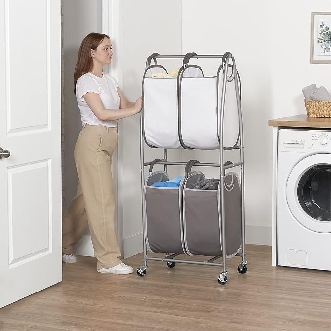 Neatfreak - 2 Tier Vertical Rolling Laundry Cart - Rolling Storage Cart On Wheels With 4 x Tote Hampers For Laundry, Towels, Blankets & Bathroom Organization - Quad Laundry Sorter-Ruum Studio Home