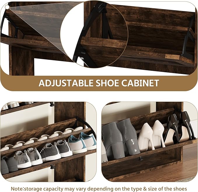 Shoe Cabinet with 3 Flip Drawers, Narrow Shoe Cabinet with 9 Hooks Coat Rack, Freestanding Shoes Storage Cabinets with Adjustable Shelves for Entryway, Hallway, Living Room, Rustic Brown-Ruum Studio Home