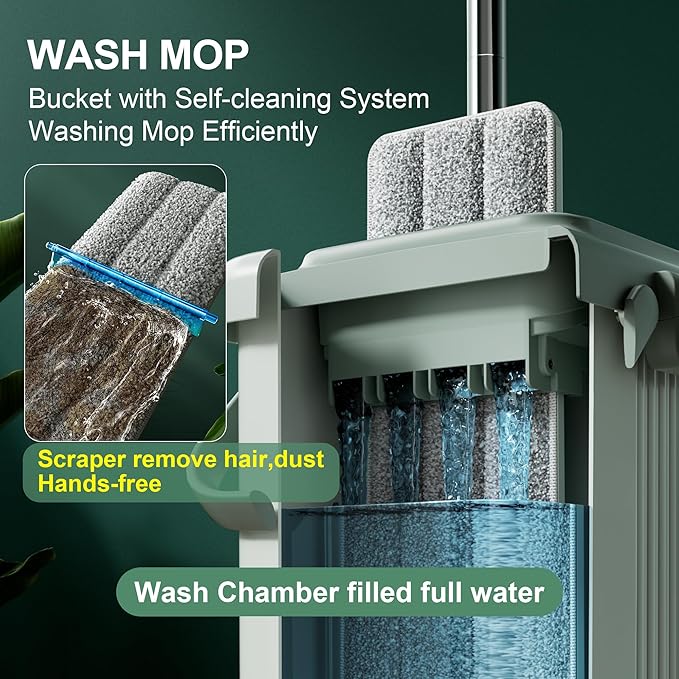 JOYMOOP Mop and Bucket Set - Mops for Floor Cleaning & Wall Cleaner with Long Handle, Include 5 Microfiber Mop Pads - Green Bucket (X-Large)-Ruum Studio Home