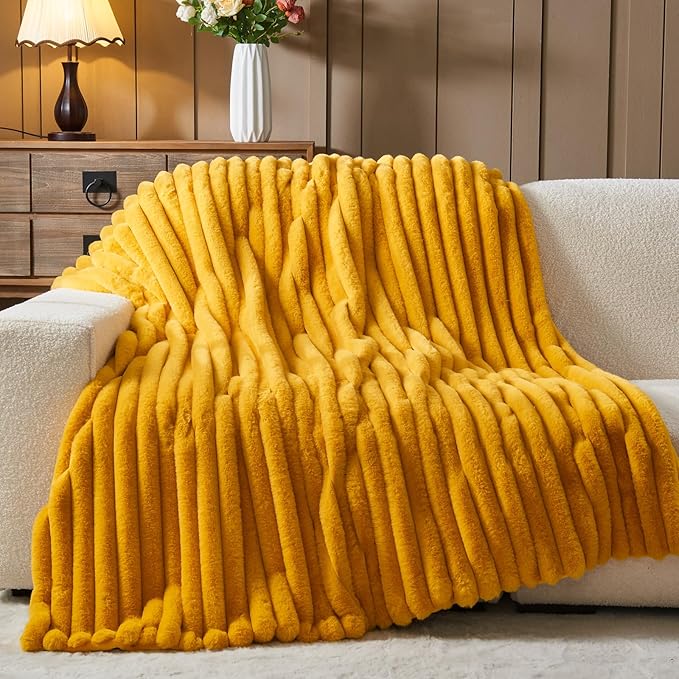NEWCOSPLAY Faux Fur Twin Blanket Mustard Yellow 3D Ribbed Plush Thick Warm Blanket for Couch Sofa Bed 850GSM (Mustard Yellow Ribbed, Twin(60"x80"))-Ruum Studio Home