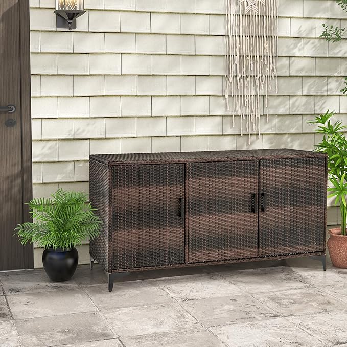 RELAX4LIFE 84-Gallon Outdoor Storage Box - Wicker Rattan 3-Door Patio Storage Cabinet Container w/Removable Shelves for Cushions, Garden Tools, Pool & Sports Equipment, Indoor Outdoor Deck Box (Brown)-Ruum Studio Home