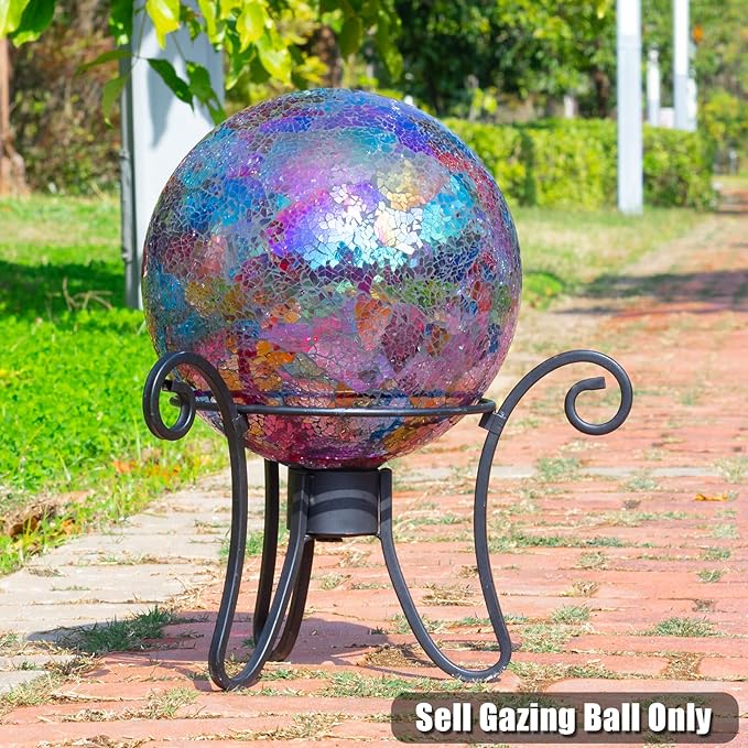 VCUTEKA Gazing Ball, Iridescent Crackled Glass Mosaic Gazing Balls Sphere for Garden Lawn Outdoor Ornament Yard Decorative, 10-Inch, Purple-Ruum Studio Home