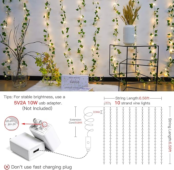 suddus Vines with Light for Bedroom, 200 LED Fairy Lights with Vines, Ivy Curtain Lights for Dorm, Wedding, Party, Wall, Indoor, Outdoor Decor, 6.5ft x 6.5ft-Ruum Studio Home